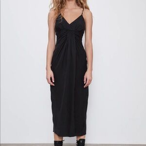 Zara Black Draped Gathered Front Faux Wrap Lyocell Spaghetti Straps Midi Dress M